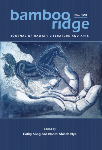 Blue book cover with line drawing image of a horse galloping out of a large hand and into a cosmos.
