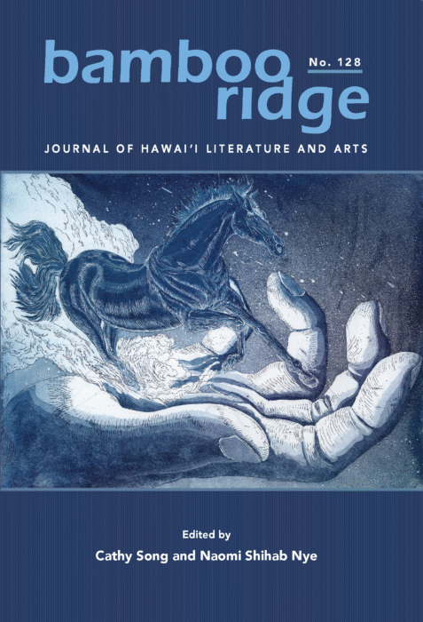 Blue book cover with line drawing image of a horse galloping out of a large hand and into a cosmos.