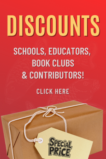 Discounts for schools, educators, book clubs, and contributors. Click here banner.